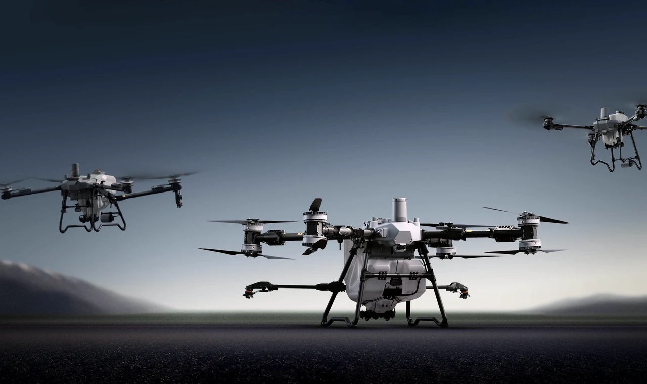 Agricultural drone lineup at dusk