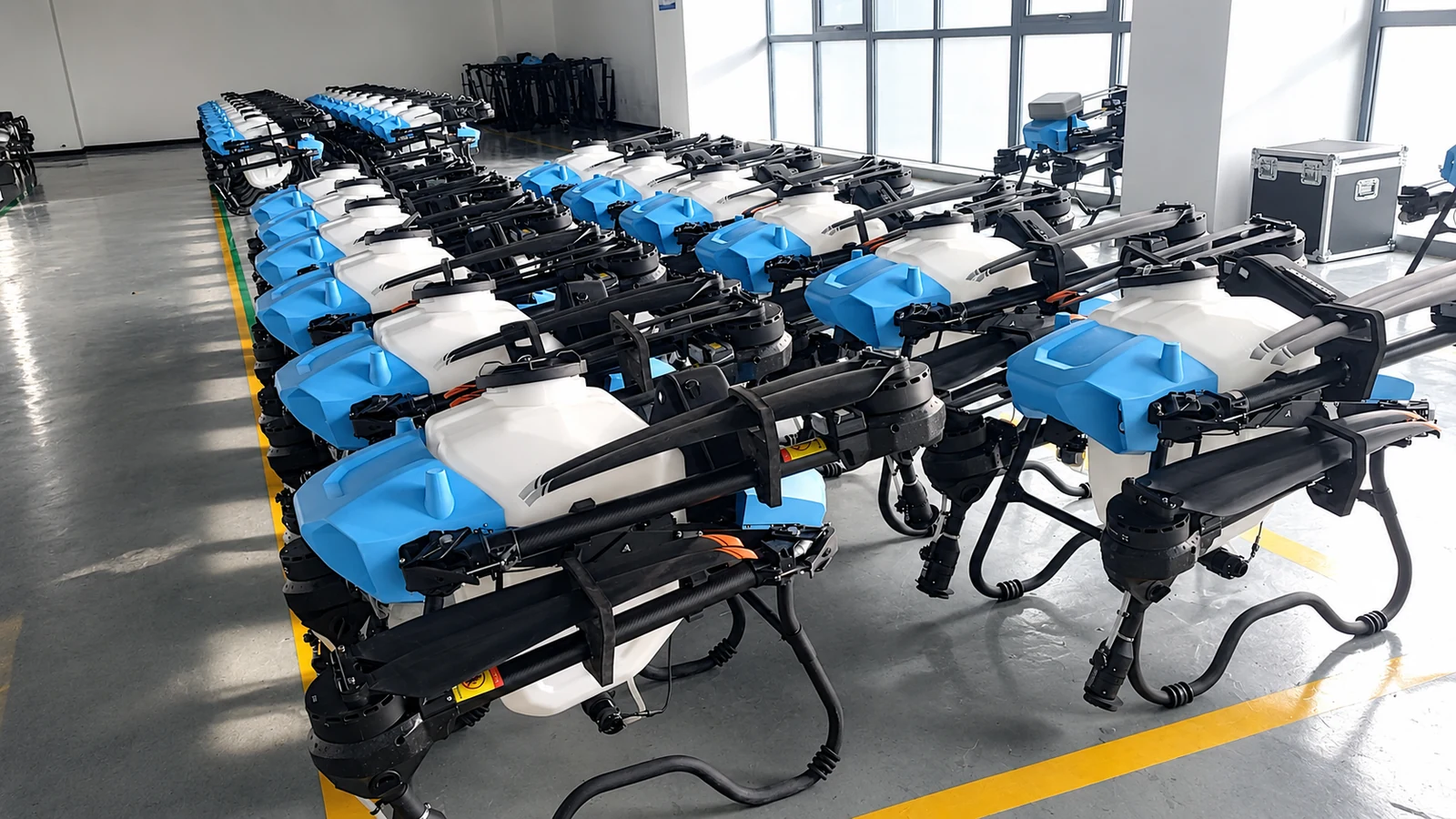 Rows of agricultural drones prepared in factory inventory